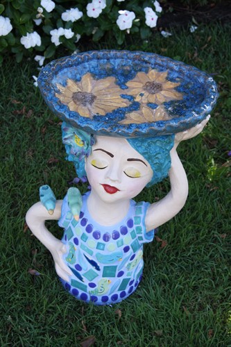 Small Garden Dweller Bird Bath with Blue Hair and Birds