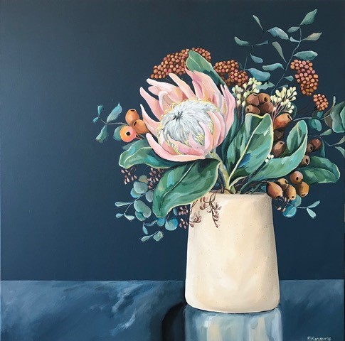 Protea and Gumnuts with Clay Vase
