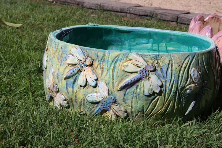 Large Hand Carved Pot - Dragonfly (Colour)