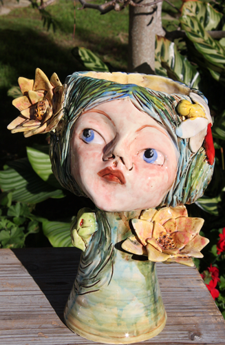 Eyes open Medium Pot Head Girl with Red Dragonfly