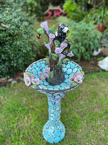 Magpie Mosaic Bird Bath with Jacaranda Flowers