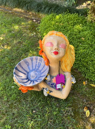Small Blonde Garden Dweller with Bird Bath Bowl - Blue Drop Bowl 